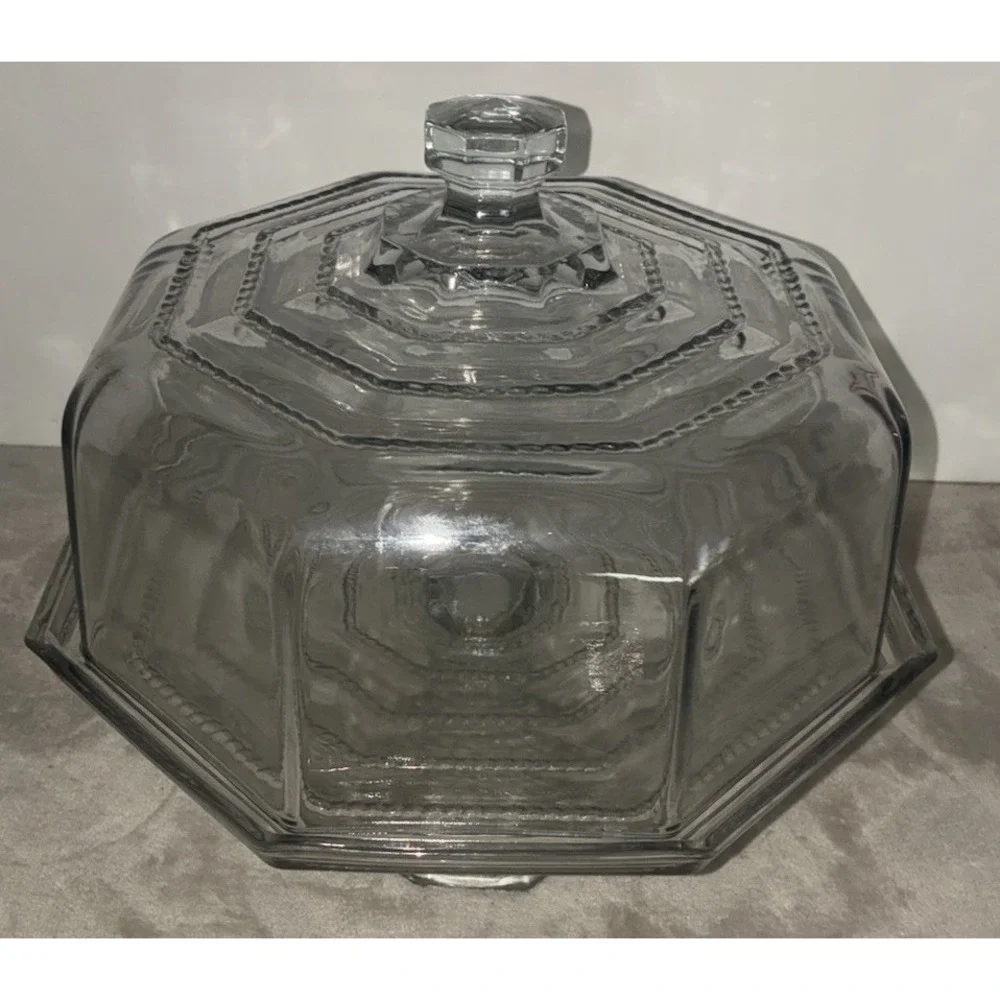 Vintage Cambridge Tuscany Cake Plate Octagon Dome Clear Glass Italy 10in Stand